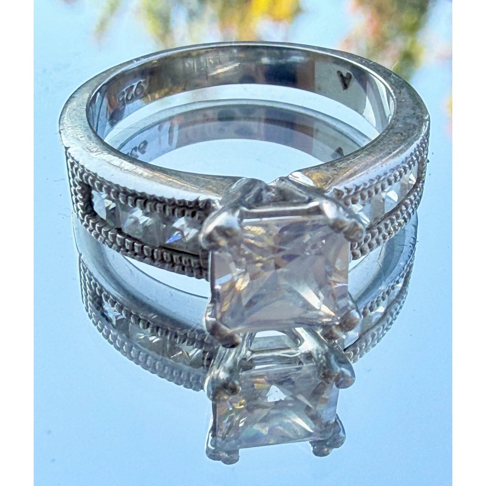 925 Sterling Silver Princess Cut Clear Stone Ring Milgrain Band Size 7 Cocktail